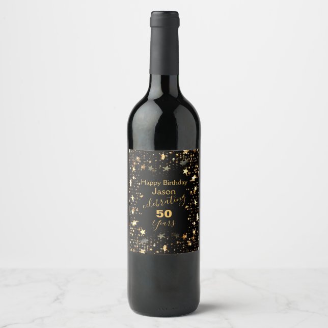 Black and Gold 50th Birthday Wine Label (Front)