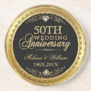 Black And Gold 50th Wedding Anniversary Design Sandstone Coaster