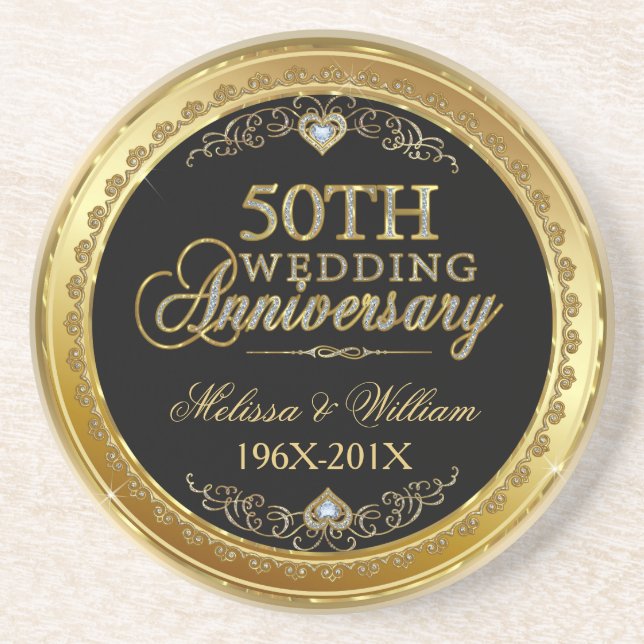Black And Gold 50th Wedding Anniversary Design Sandstone Coaster (Front)