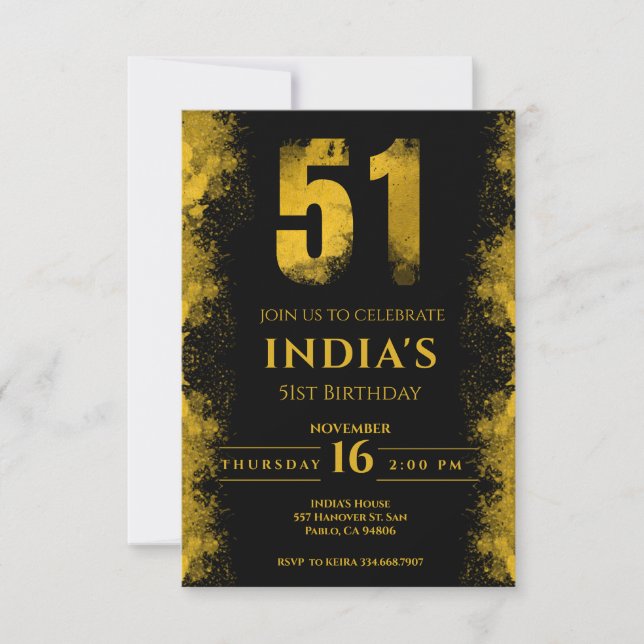 Black And Gold 51st Birthday Party  Invitation (Front)