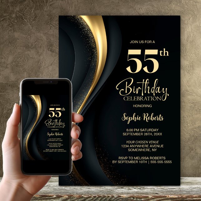 Black and Gold 55th Birthday Party Invitation (Creator Uploaded)