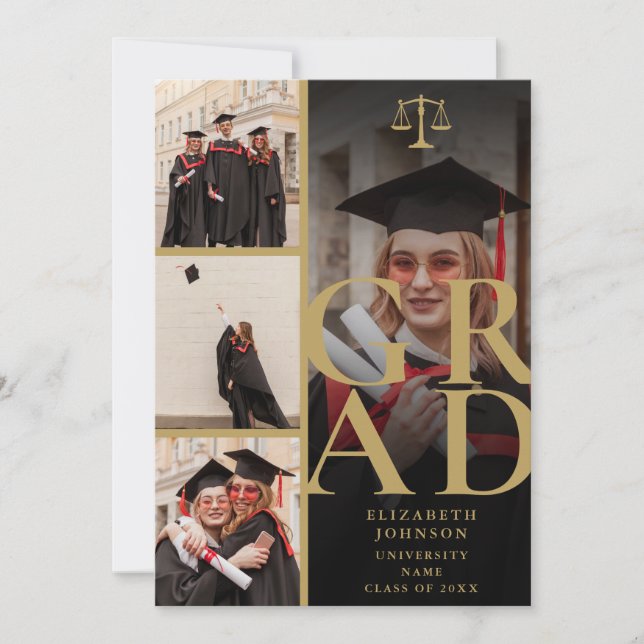 Black And Gold 5 Photo Law School Graduation Party Invitation (Front)