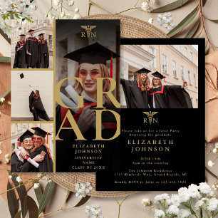 Black And Gold 5 Photo RN Nursing Graduation Party Invitation