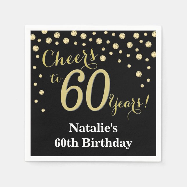 Black and Gold 60th Birthday Diamond Napkins (Front)