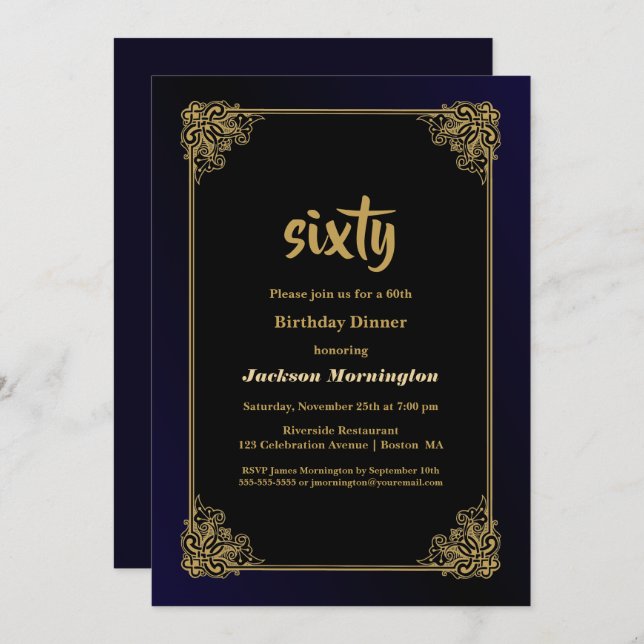 Black and Gold 60th Birthday Dinner Invitation (Front/Back)