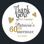 Black And Gold 60th Birthday Thank You Favor  Classic Round Sticker<br><div class="desc">60th birthday thank you stickers in classy gold typography .</div>