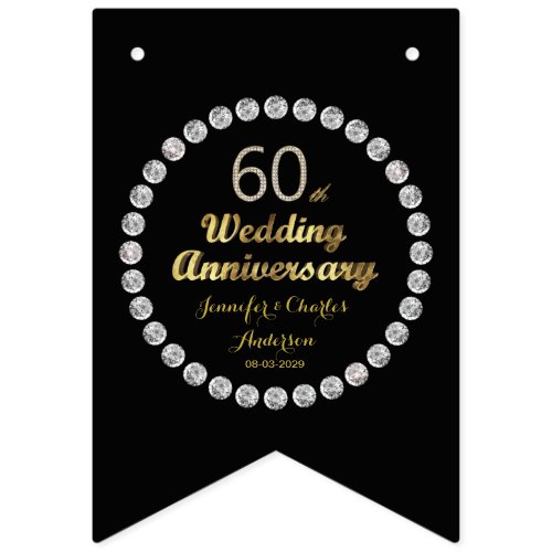 Black and Gold 60th Diamond Wedding Anniversary Bunting Flags