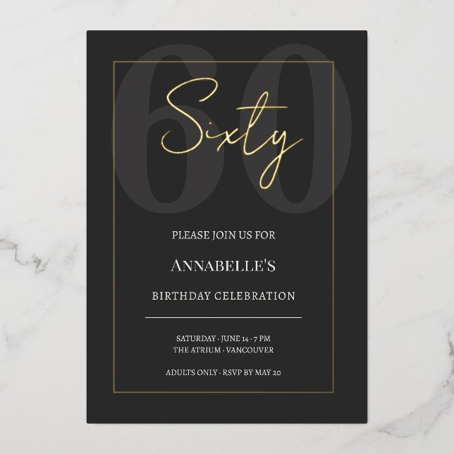 Black and Gold 60th Milestone Birthday Celebration Foil Invitation (Front)