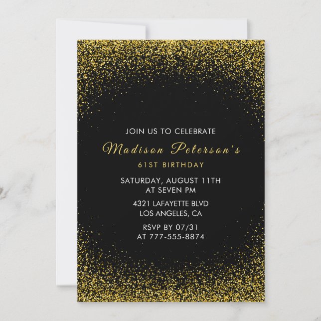  Black and Gold 61st birthday  Glam Glitter  Invitation (Front)