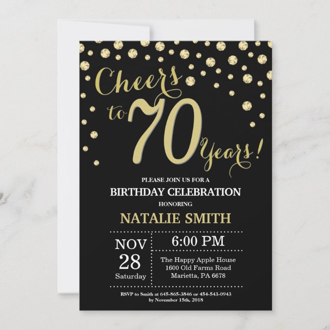 Black and Gold 70th Birthday Diamond Invitation (Front)