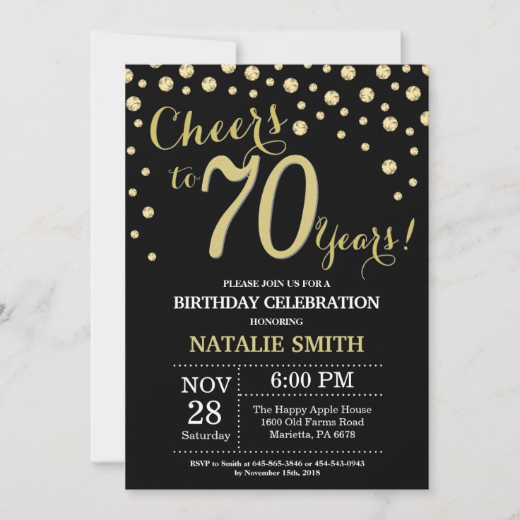 Black and Gold 70th Birthday Diamond Invitation | Zazzle