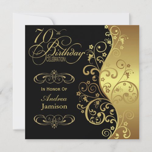 Black and Gold 70th Birthday Party Invitation