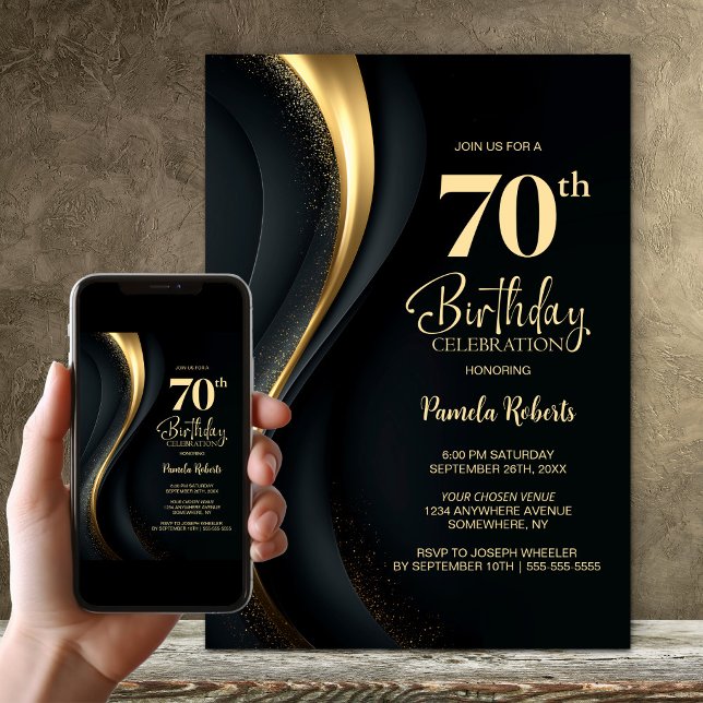 Black and Gold 70th Birthday Party Invitation (Creator Uploaded)