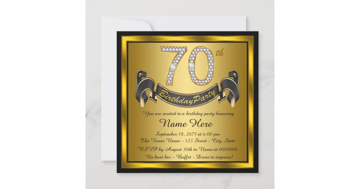 Black and Gold 70th Birthday Party Invitation | Zazzle