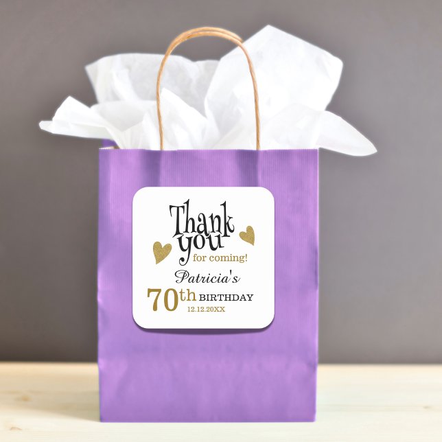 Black And Gold 70th Birthday Thank You Favor   Square Sticker (Black And Gold 70th Birthday Thank You Favor Square Sticker)