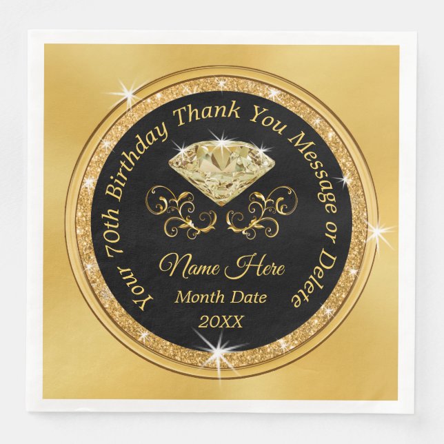 Black and Gold 70th Napkins, Birthday, Anniversary Paper Dinner Napkins (Front)