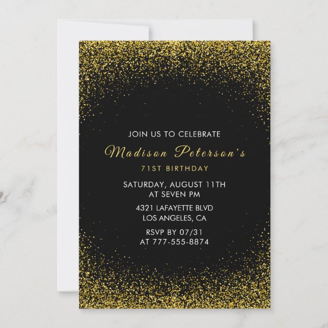  Black and Gold 71st birthday  Glam Glitter  Invitation (Front)