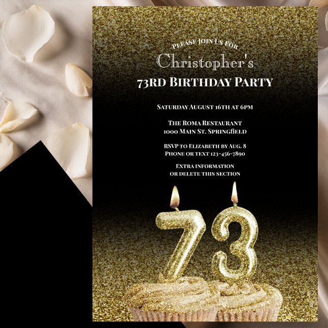 Black and Gold 73rd Birthday Invitation For Him (Creator Uploaded)