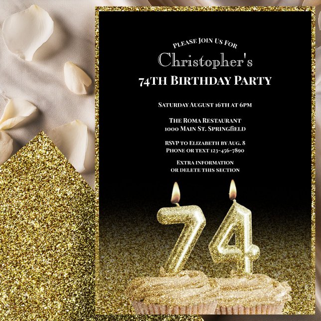 Black and Gold 74th Birthday Invitation For Him (Creator Uploaded)