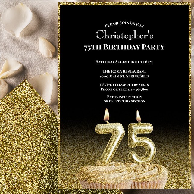 Black and Gold 75th Birthday Invitation For Him (Creator Uploaded)