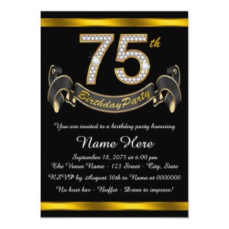 Black and Gold 75th Birthday Party Card