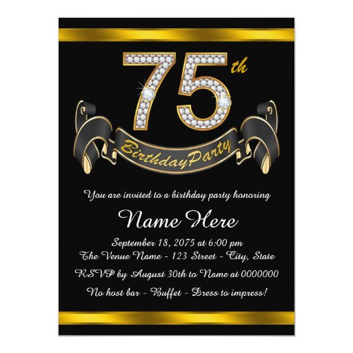 Black and Gold 75th Birthday Party Card | Zazzle