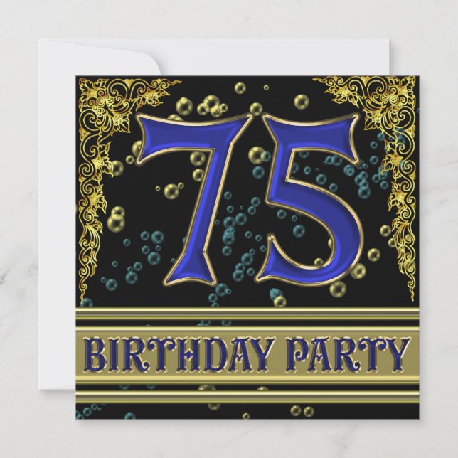 Black and Gold 75th Birthday party Invitation (Front)