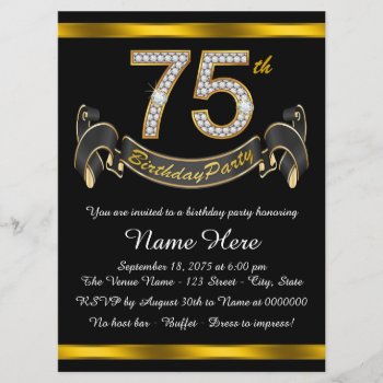 Black And Gold 75th Birthday Party Invitation by InvitationCentral at Zazzle