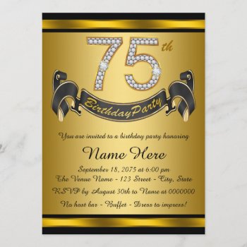 Black And Gold 75th Birthday Party Invitation by InvitationCentral at Zazzle