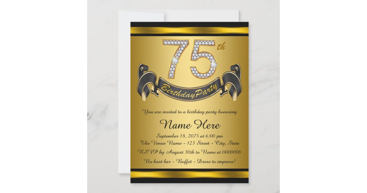 Black and Gold 75th Birthday Party Invitation | Zazzle