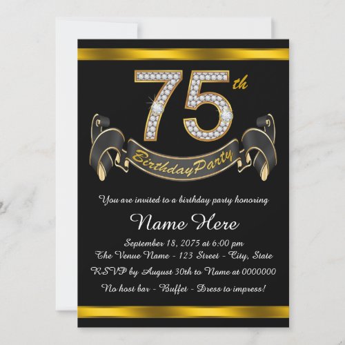 Black and Gold 75th Birthday Party Invitation