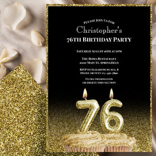 Black and Gold 76th Birthday Invitation For Him