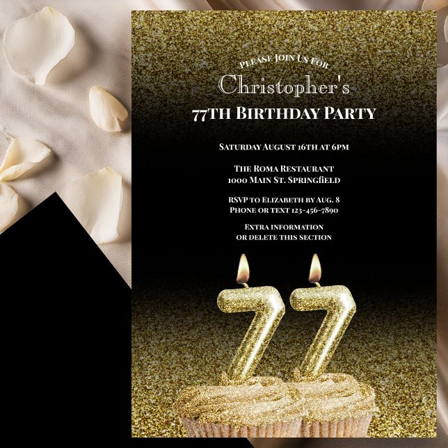 Black and Gold 77th Birthday Invitation For Him (Creator Uploaded)