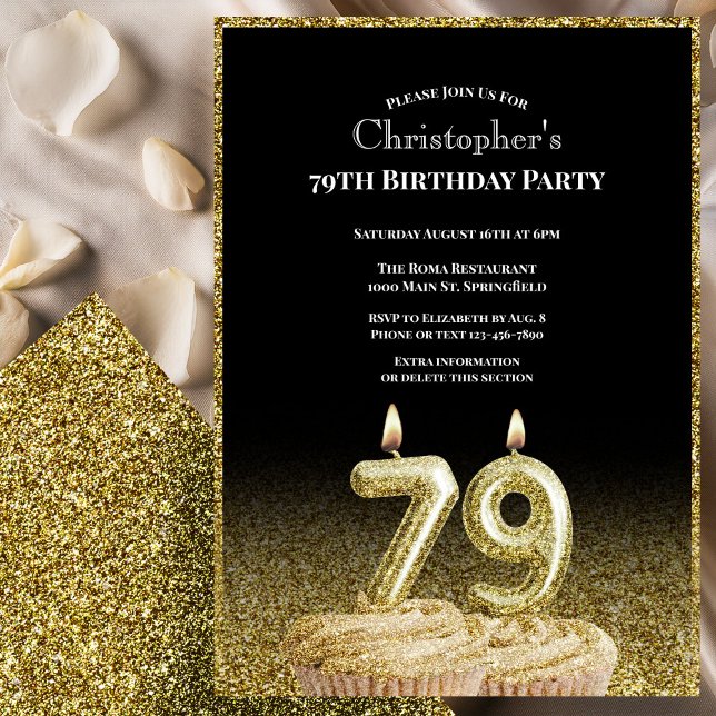 Black and Gold 79th Birthday Invitation For Him (Creator Uploaded)