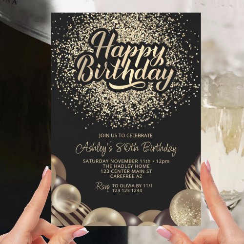 Black and Gold 80th Birthday Invitation