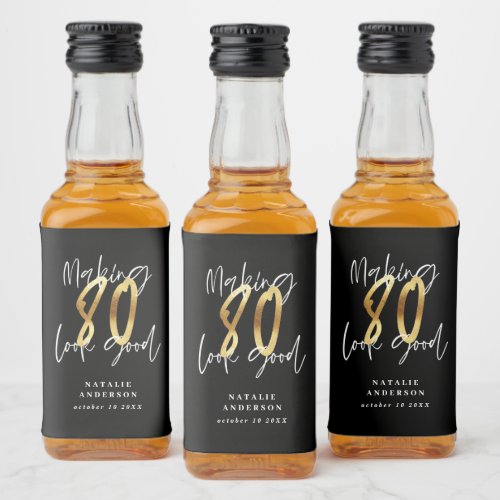Black and gold 80th birthday party favor  liquor bottle label