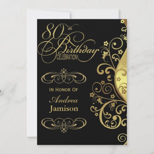 Black and Gold 80th Birthday Party Invitation