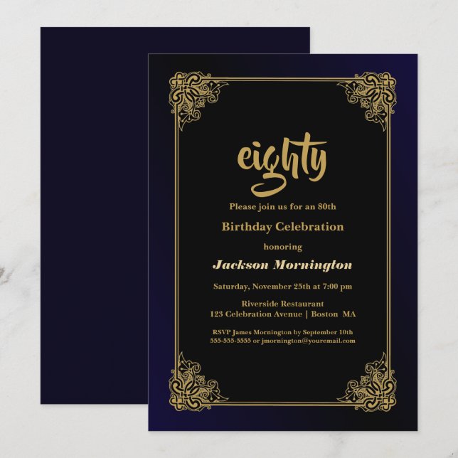 Black and Gold 80th Birthday Party Invitation (Front/Back)