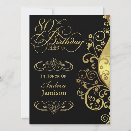 Black and Gold 80th Birthday Party Invitation