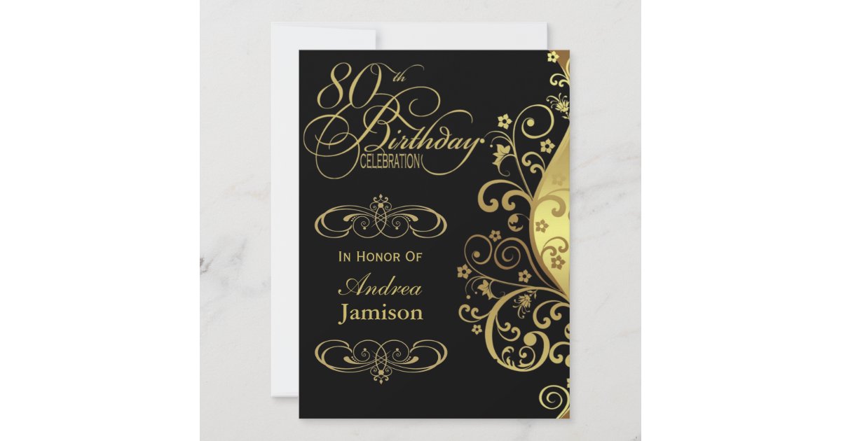 Black and Gold 80th Birthday Party Invitation | Zazzle