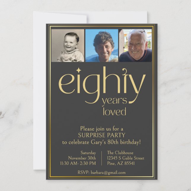 Black and Gold 80th Birthday Party Invitation (Front)