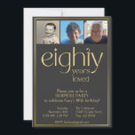 Black and Gold 80th Birthday Party Invitation<br><div class="desc">Eighty years loved. Elegant black and gold 80th birthday party invitation with three photos. Surprise your loved one with a special party celebrating their 80 years of life.</div>