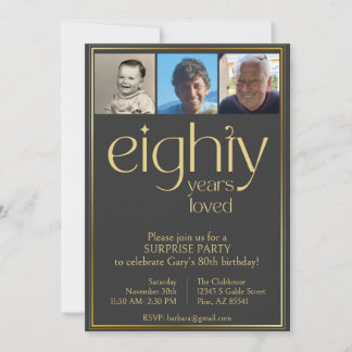 Black and Gold 80th Birthday Party Invitation