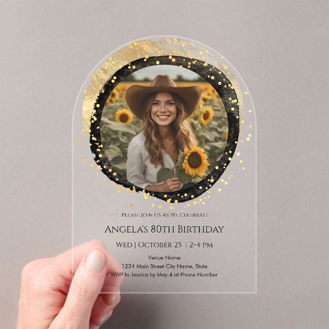 Black and Gold 80th Birthday Photo Acrylic Invitations (Insitu (Handheld))