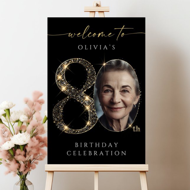 Black and Gold 80th Birthday Welcome Sign Template (Creator Uploaded)