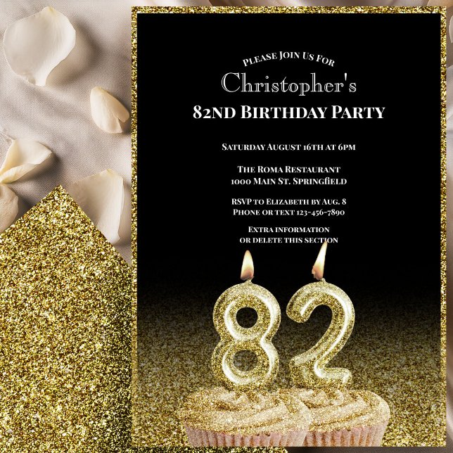 Black and Gold 82nd Birthday Invitation For Him (Creator Uploaded)