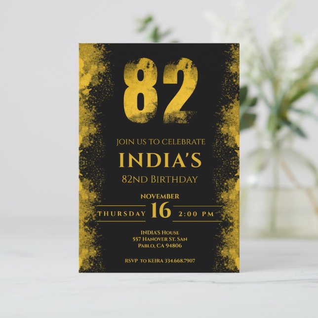 Black And Gold 82nd Birthday Party Invitation (Standing Front)