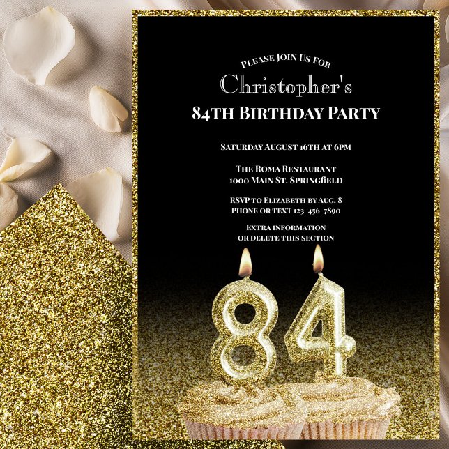 Black and Gold 84th Birthday Invitation For Him (Creator Uploaded)