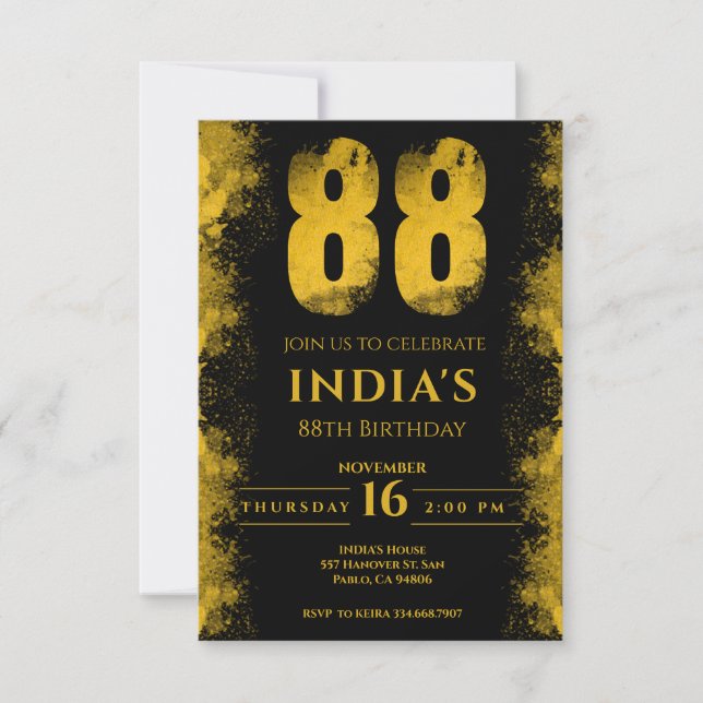 Black And Gold 88th Birthday Party Invitation (Front)