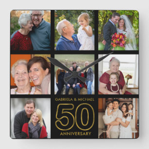 Black And Gold 8 Photo Collage 50th Anniversary Square Wall Clock
